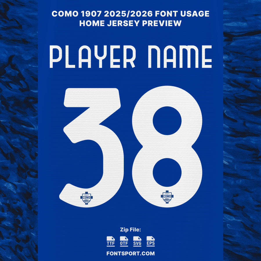 Como 1907 2025/2026 Font used on blue home jersey – official Serie A font for Como players’ names and numbers, perfect for jersey and design projects.