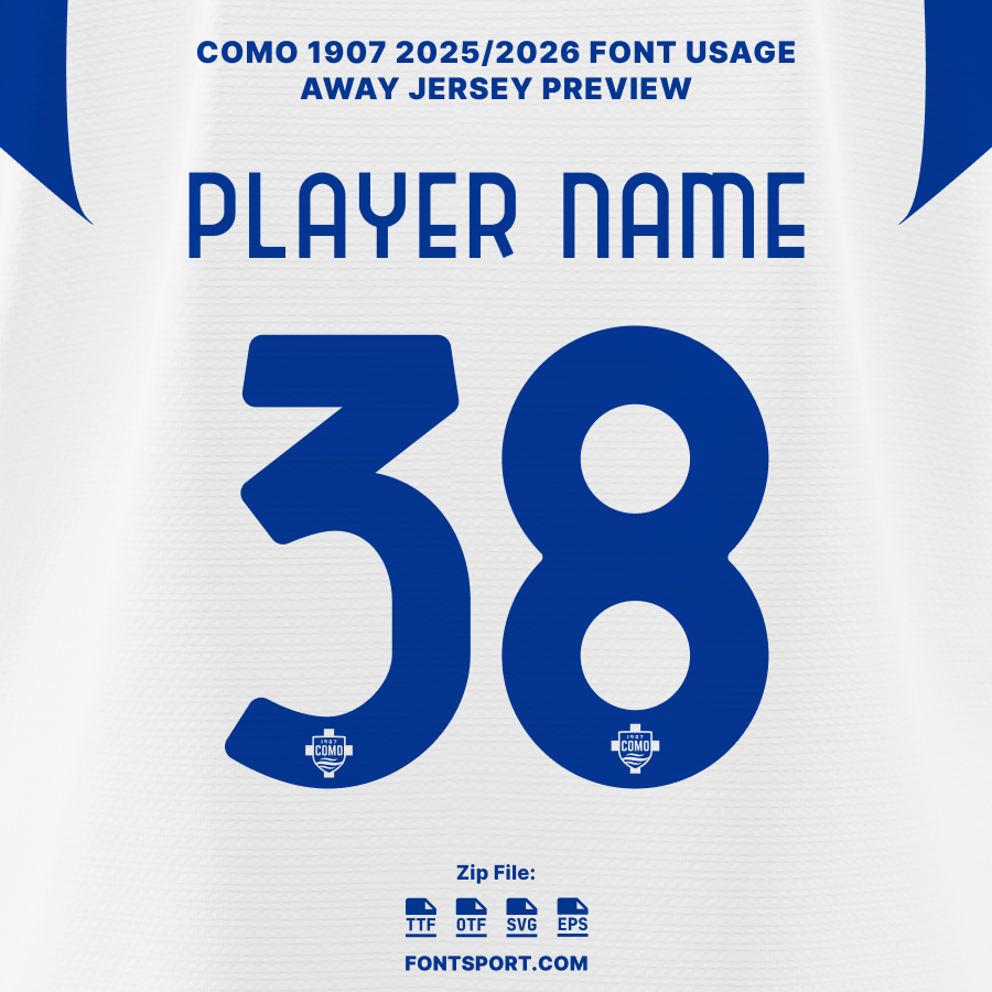 Como 1907 2025/2026 Away Jersey Font preview – elegant blue lettering on white shirt featuring official Como crest and Serie A style typography.