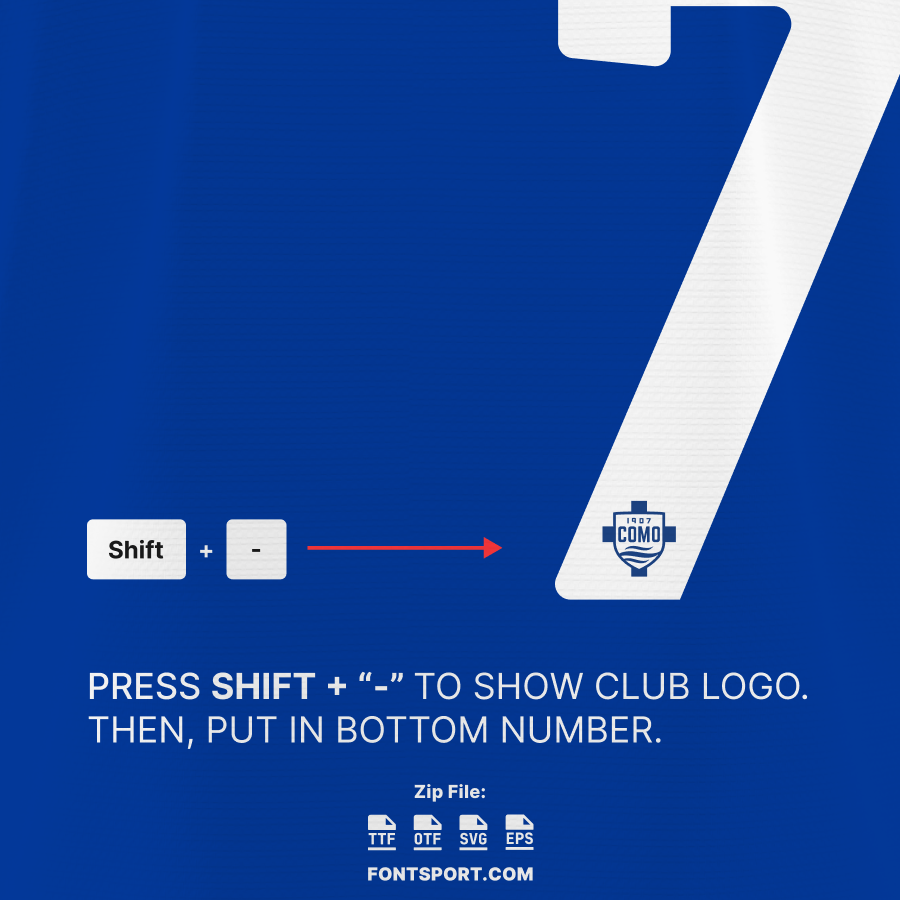 Como 1907 Font logo glyph guide – how to insert club crest symbol using Shift and dash key in the Como 2025/2026 Serie A font for jersey customization.