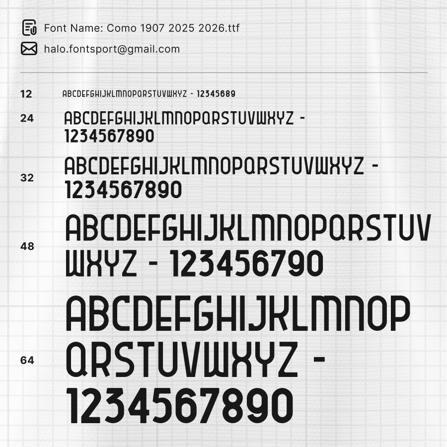 Como 1907 2025/2026 Font specimen – full character set in multiple sizes showcasing the official Serie A typeface for jersey and graphic design use.