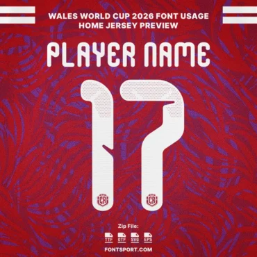 Costa Rica 2026 Font for Jersey – Player name and number 17 preview using lookalike pattern purple home typeface Costa Rica for World Cup 2026 design.