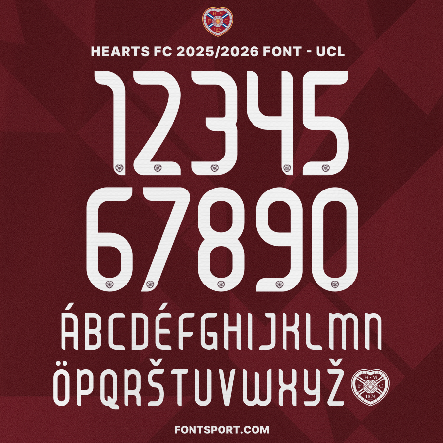 Hearts FC UCL 2025/2026 Font Kit character set preview showing numbers and multilingual alphabet in official European jersey style from Fontsport.
