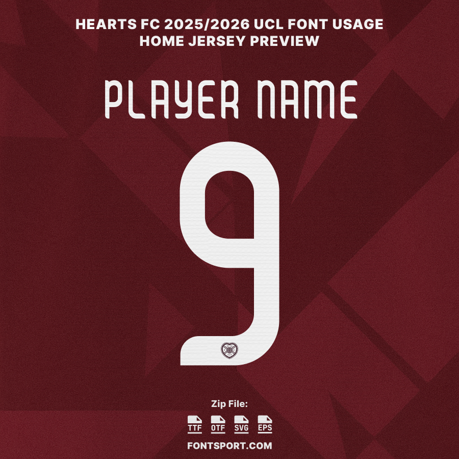 Hearts FC UCL 2025/2026 home jersey font preview displaying player name and number in official Champions League style font for jersey design.