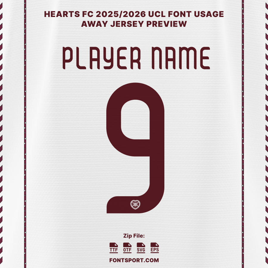 Hearts FC UCL 2025/2026 away jersey font mockup featuring bold maroon player name and number for European match kit design.