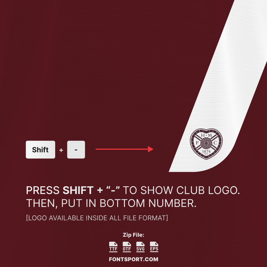 Hearts FC UCL 2025/2026 font kit instruction showing how to type the club crest glyph using Shift and dash for authentic jersey numbers.