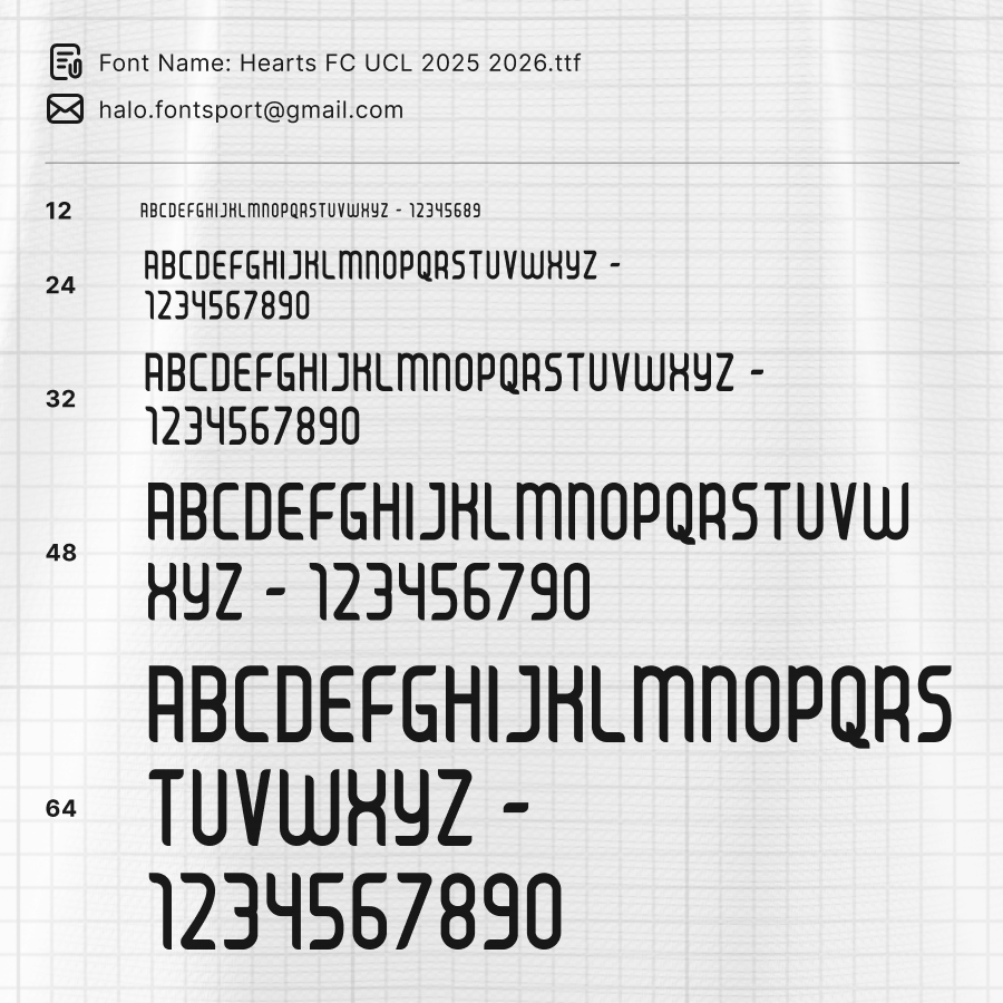 Hearts FC UCL 2025/2026 font weight and size preview showing alphabet and numbers across multiple font sizes for design versatility.
