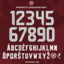 Hearts FC 2025/2026 Font – complete alphabet and numbers A–Z 0–9 in official Scottish Premiership style with crest and lion detail.