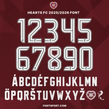 Hearts FC 2025/2026 Font – complete alphabet and numbers A–Z 0–9 in official Scottish Premiership style with crest and lion detail.