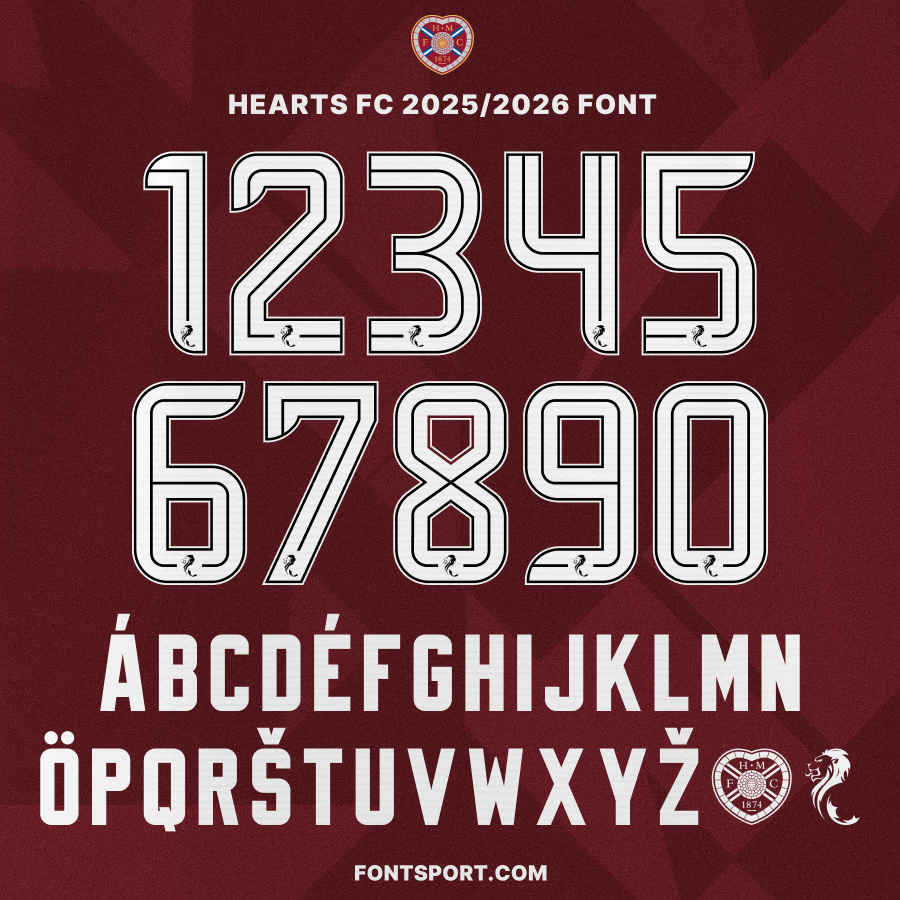 Hearts FC 2025/2026 Font – complete alphabet and numbers A–Z 0–9 in official Scottish Premiership style with crest and lion detail.