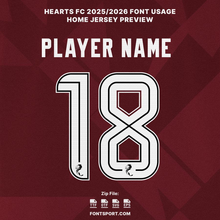 Hearts FC 2025/2026 Home Jersey Font Preview – number 18 player name typography with authentic maroon kit background, includes TTF OTF SVG EPS formats.