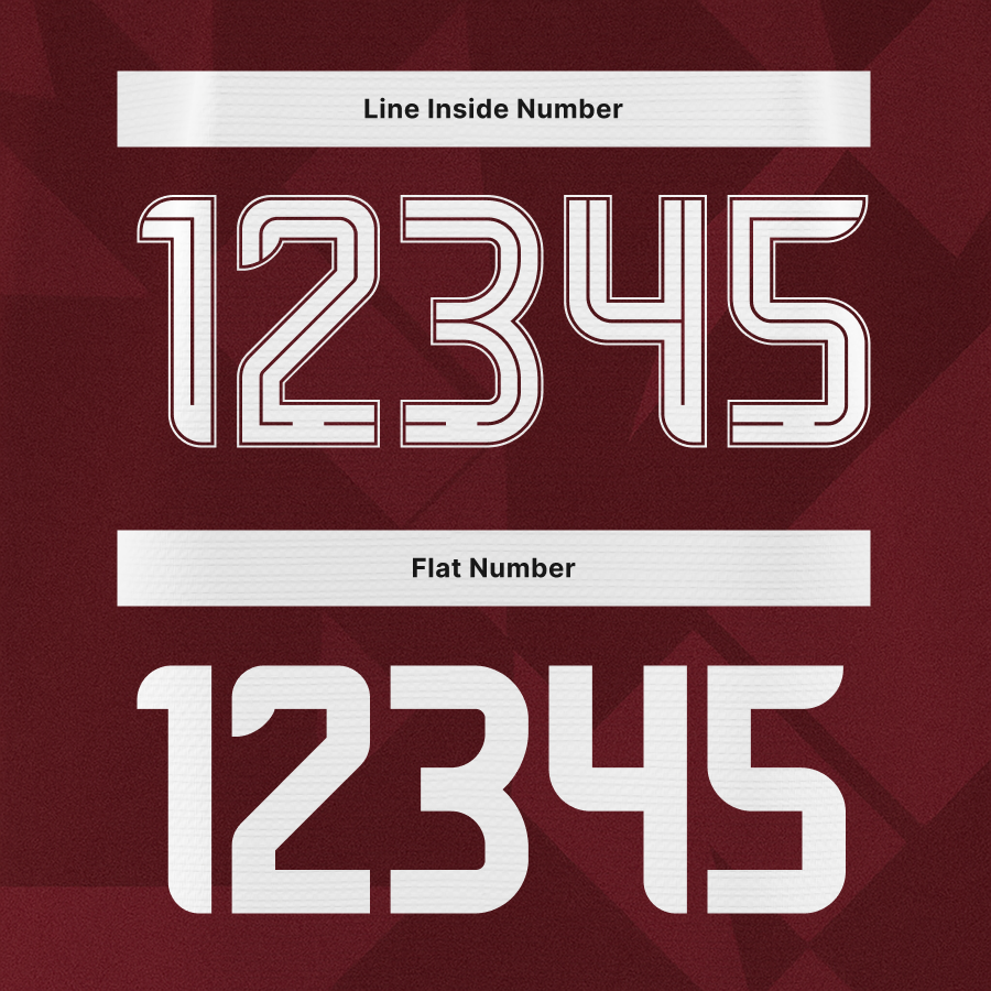 Hearts FC 2025/2026 Font Styles – comparison of line inside number and flat number designs in Scottish Premiership typeface.