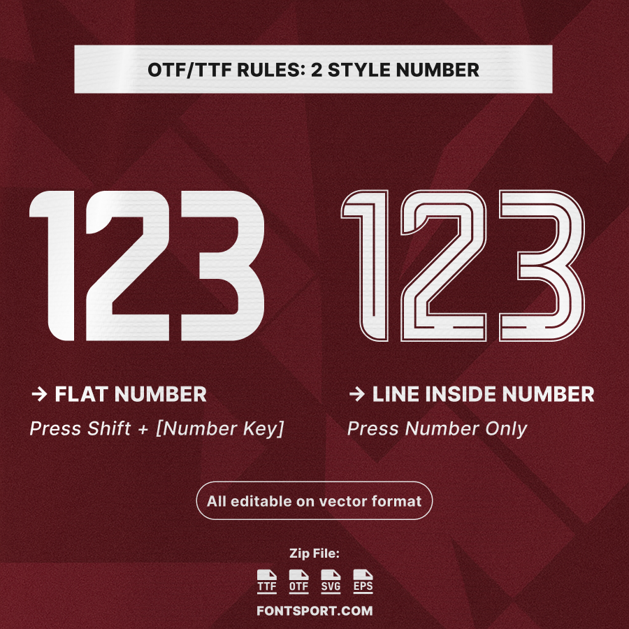 Hearts FC 2025/2026 Font OTF TTF Rules – shows how to switch between flat number and line inside number styles for jersey customization.