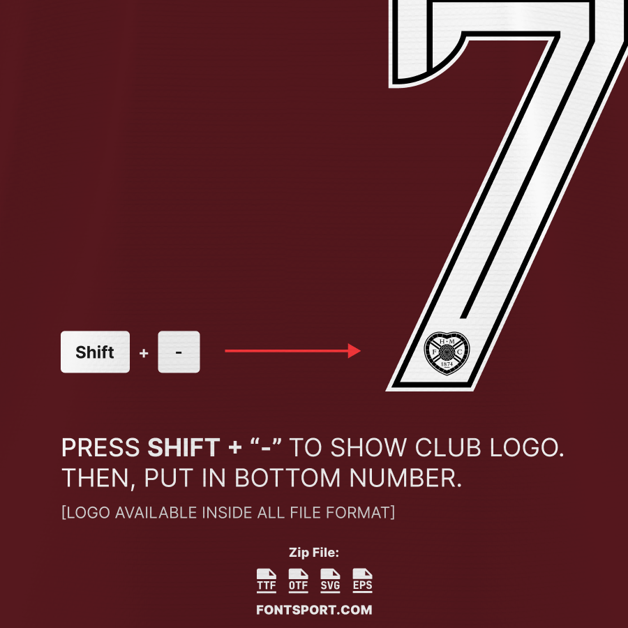 Hearts FC 2025/2026 Font Tutorial – shows how to add Hearts club crest logo to bottom of numbers using Shift + “–” shortcut.