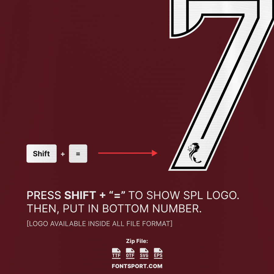 Hearts FC 2025/2026 Font Guide – shows how to add Scottish Premiership lion logo to number bottom using Shift + “=” shortcut.
