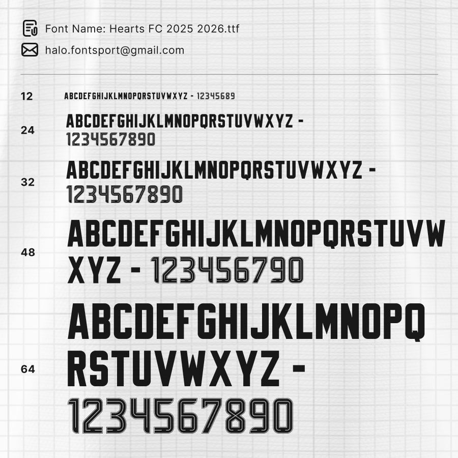 Hearts FC 2025/2026 Font Specimen – full typeface preview with uppercase letters and numeric styles across multiple sizes.