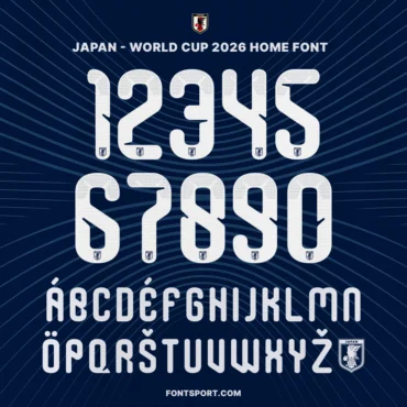 Japan World Cup 2026 Home Font – Official jersey numbers and alphabet preview with crest logo, authentic Samurai Blue typeface for FIFA World Cup design.