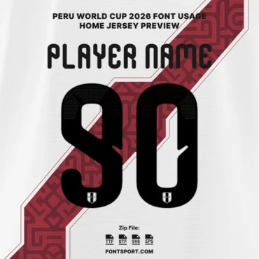 Peru 2026 Font for Jersey – Player name and number 90 preview using authentic White home typeface for World Cup 2026 design.