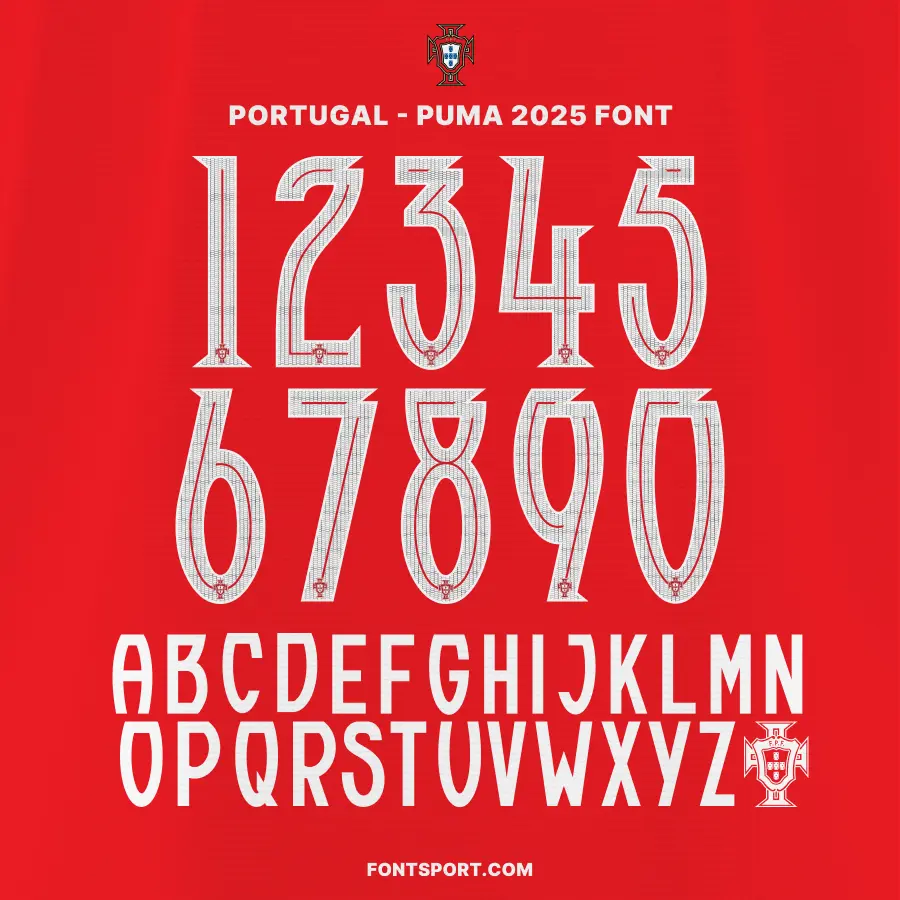 Portugal - Puma 2025 Font – Official jersey numbers and alphabet design, authentic Portugal Puma 2025 font kits.
