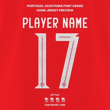 Portugal Puma 2025 Font for Jersey – Player name and number 17 preview using Red home jersey and typeface Portugal Puma 2025 design.