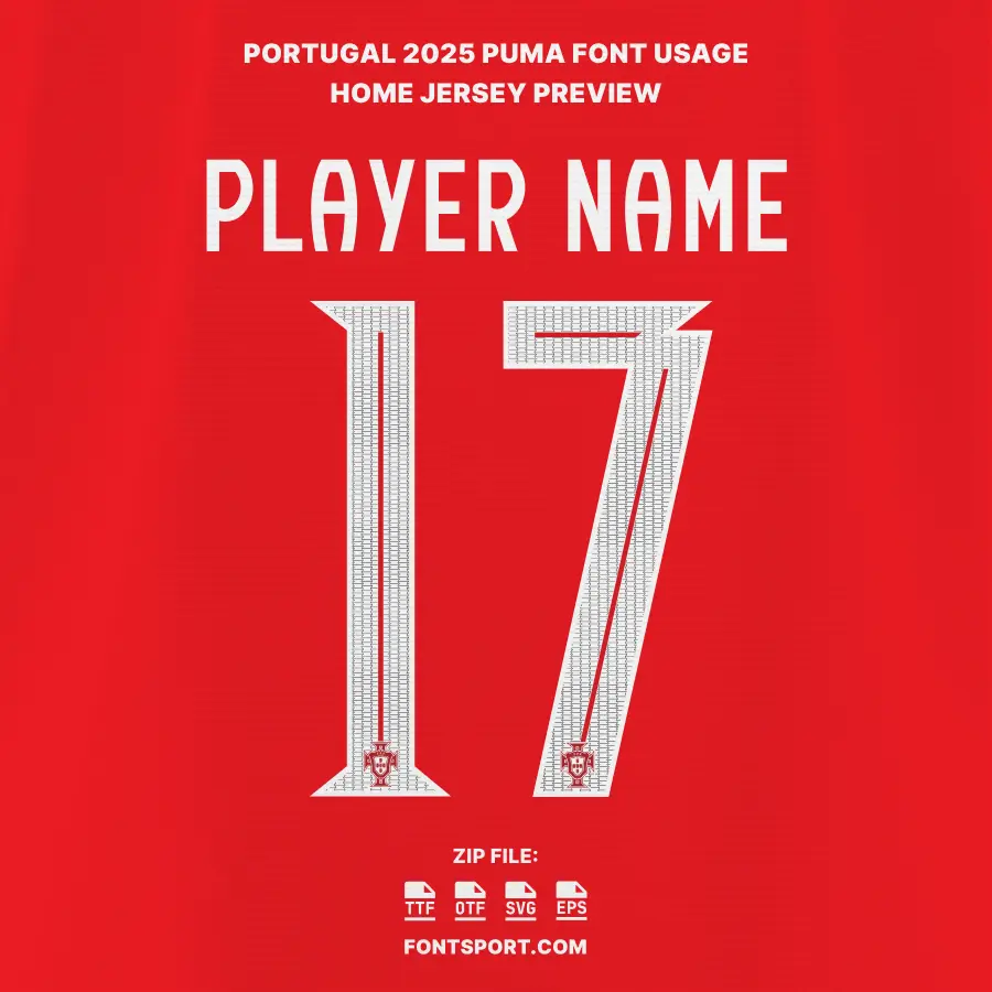 Portugal Puma 2025 Font for Jersey – Player name and number 17 preview using Red home jersey and typeface Portugal Puma 2025 design.
