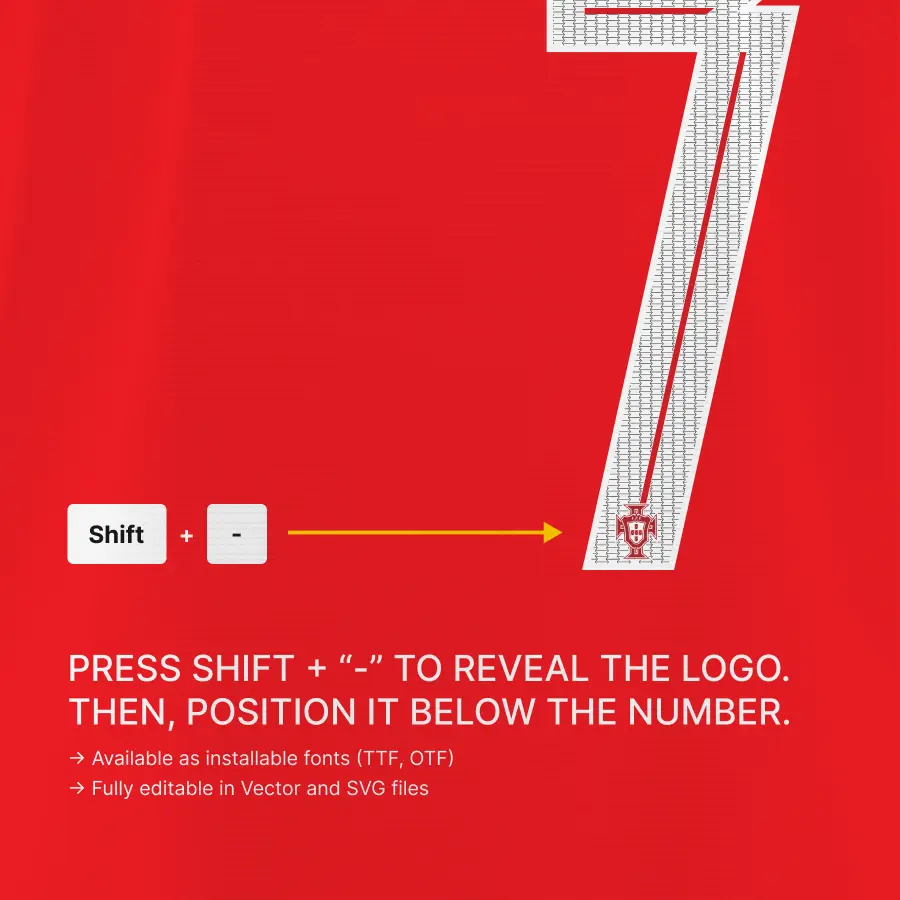 Portugal Puma 2025 Font Detail – Close-up showing pattern texture inside each number of Portugal Puma 2025 font for jersey printing.