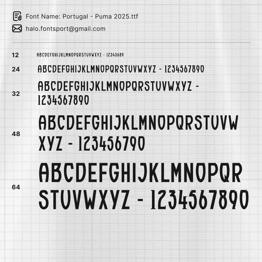 Portugal Puma 2025 Typeface – Full font sheet preview showing alphabet and numerals from the pattern yellow jersey font kit.