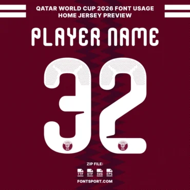 Qatar 2026 Font for Jersey – Player name and number 32 preview using Dark purple home jersey and typeface Qatar for World Cup 2026 design.