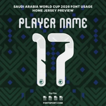 Saudi Arabia 2026 Font for Jersey – Player name and number 17 preview using authentic Green Falcons home typeface for World Cup 2026 design.
