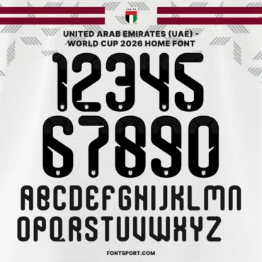 United Arab Emirates (UEA) World Cup 2026 Home Font – Official jersey numbers and alphabet design, authentic United Arab Emirates (UEA) font for FIFA World Cup 2026 kits.