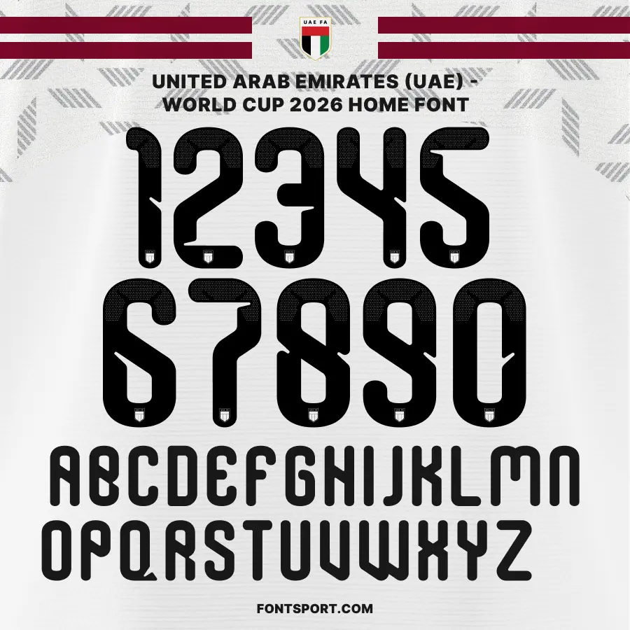United Arab Emirates (UEA) World Cup 2026 Home Font – Official jersey numbers and alphabet design, authentic United Arab Emirates (UEA) font for FIFA World Cup 2026 kits.