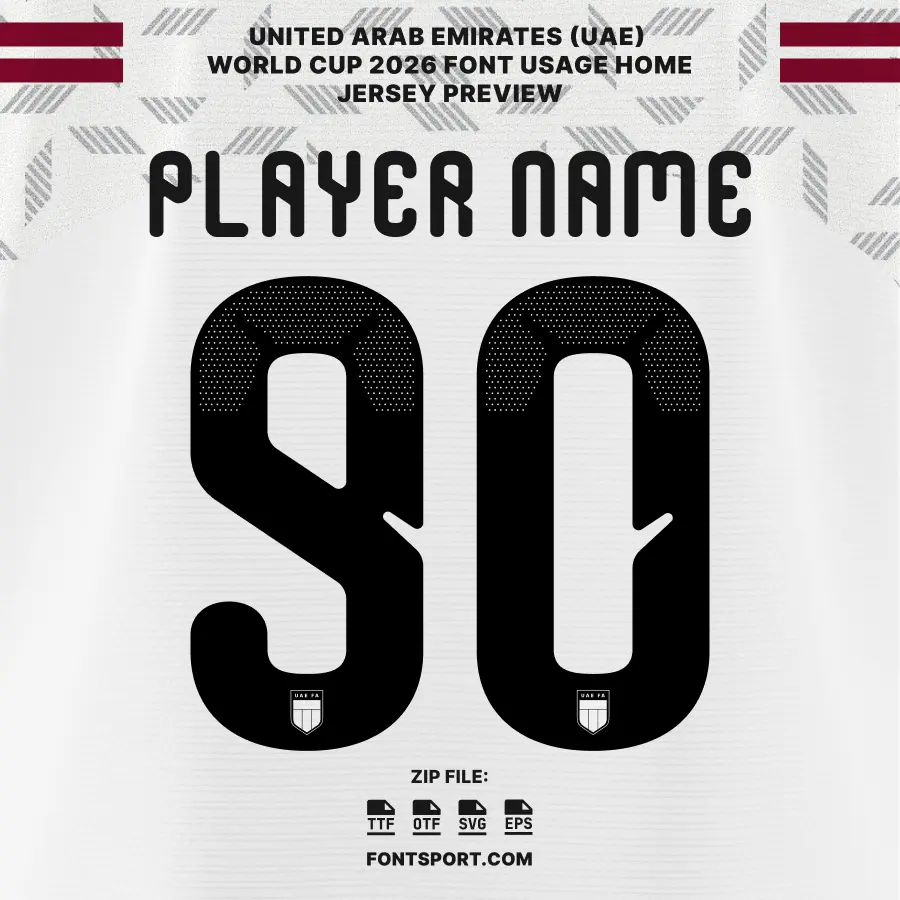 United Arab Emirates (UEA) 2026 Font for Jersey – Player name and number 32 preview using White and pattern square grey home jersey and typeface United Arab Emirates (UEA) for World Cup 2026 design.