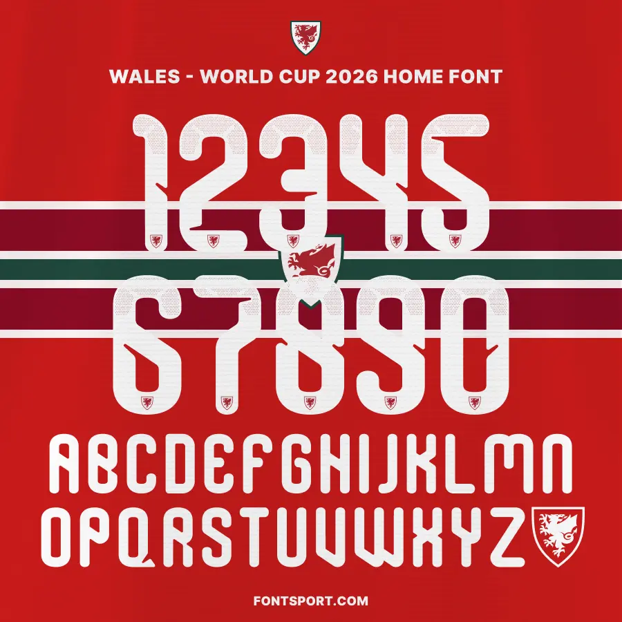 Wales World Cup 2026 Home Font – Official jersey numbers and alphabet design, authentic Wales font for FIFA World Cup 2026 kits.