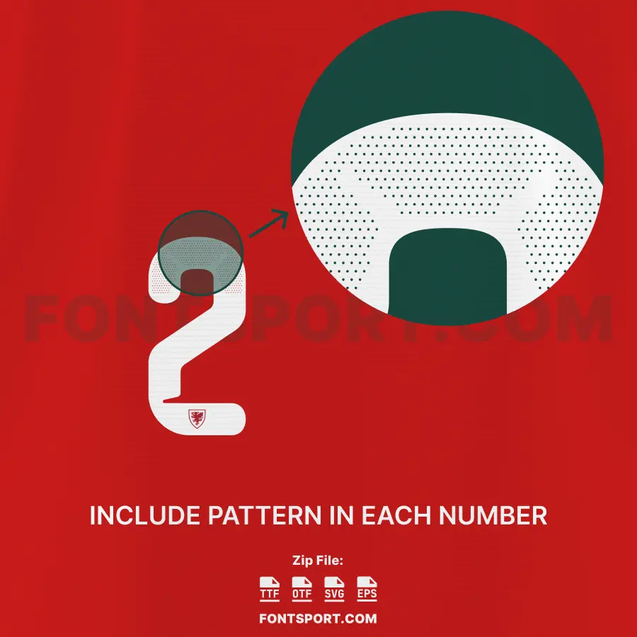 Wales World Cup Font Detail – Close-up showing pattern texture inside each number of Wales 2026 Home font for jersey printing.