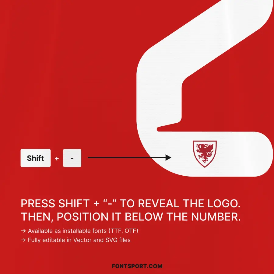 Wales 2026 Font – How to reveal crest logo in the official Wales World Cup Home typeface for authentic jersey number placement.