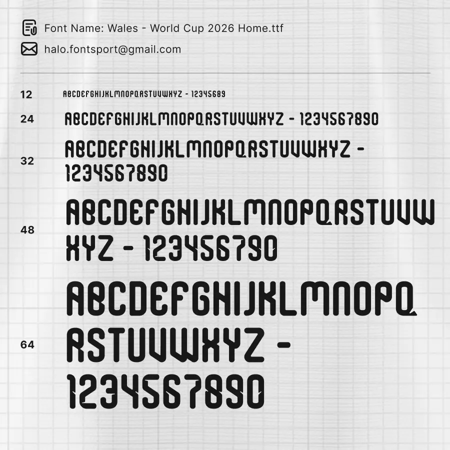 Wales World Cup 2026 Typeface – Full font sheet preview showing alphabet and numerals from the Red jersey font kit.