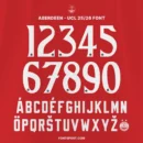 Aberdeen UCL 2025/2026 Font Kit number and alphabet preview featuring official Champions League-style digits and multilingual letters with Aberdeen FC crest detail – Fontsport.com.