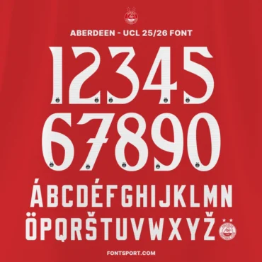 Aberdeen UCL 2025/2026 Font Kit number and alphabet preview featuring official Champions League-style digits and multilingual letters with Aberdeen FC crest detail – Fontsport.com.