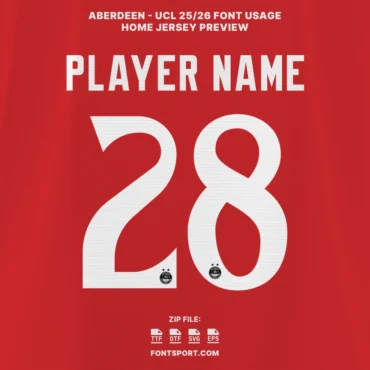 Aberdeen UCL 25/26 font applied on home jersey preview showing player name and number design with official crest-embedded digits for UEFA Champions League graphics.