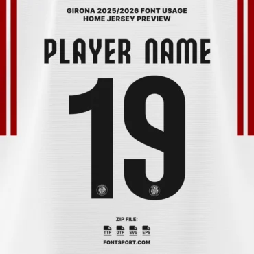 Girona 2025/2026 home jersey font usage showcasing player name and number design with authentic Girona FC crest below the numerals.