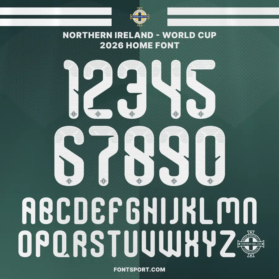 Northern Ireland World Cup 2026 Home Font – Official jersey numbers and alphabet design, authentic Northern Ireland font for FIFA World Cup 2026 kits.