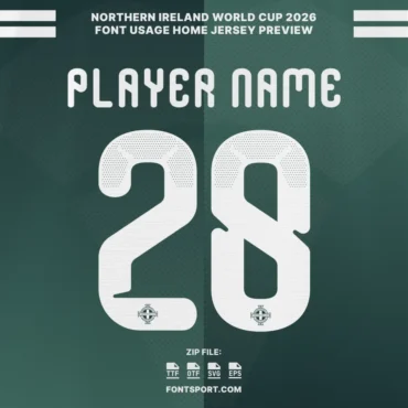 Northern Ireland 2026 Font for Jersey – Player name and number 28 preview using Green dark home jersey and typeface Northern Ireland for World Cup 2026 design.