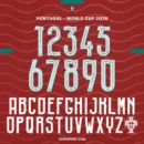 Portugal World Cup Home 2026 Font Kit preview showing numbers 0–9 and full A–Z alphabet in the official jersey-style typeface on a red patterned background.