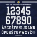 Scotland World Cup 2026 Home Font preview showing official jersey numbers 0–9 and multilingual alphabet in white outlined style on navy background.