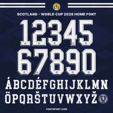 Scotland World Cup 2026 Home Font preview showing official jersey numbers 0–9 and multilingual alphabet in white outlined style on navy background.