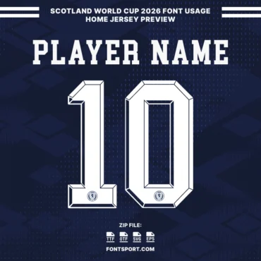 Scotland World Cup 2026 Home Jersey Font mockup with PLAYER NAME and number 10 in official Scotland typeface, displayed on dark navy patterned kit background.