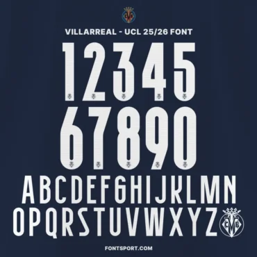 Villarreal - UCL 2025/2026 font – Official jersey numbers and alphabet design, authentic Villarreal font for Champion League kits.