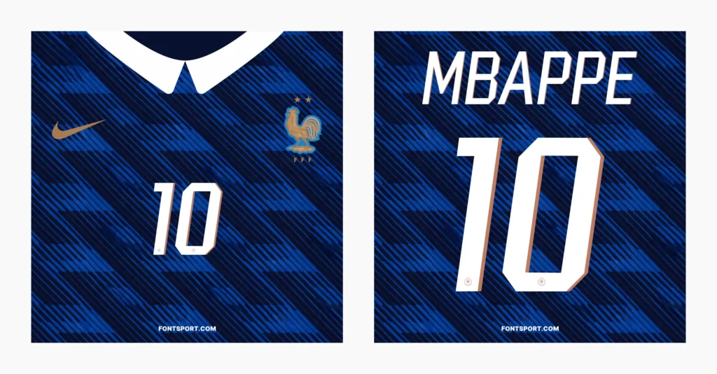 MBAPPE name and number 10 in France World Cup 2026 font on navy jersey fabric mockup — official-style football kit lettering