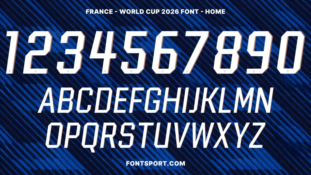 France World Cup 2026 Font Home showing full numeral and alphabet set on navy diagonal-stripe background — football jersey typography