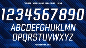 France World Cup 2026 Font Home showing full numeral and alphabet set on navy diagonal-stripe background — football jersey typography