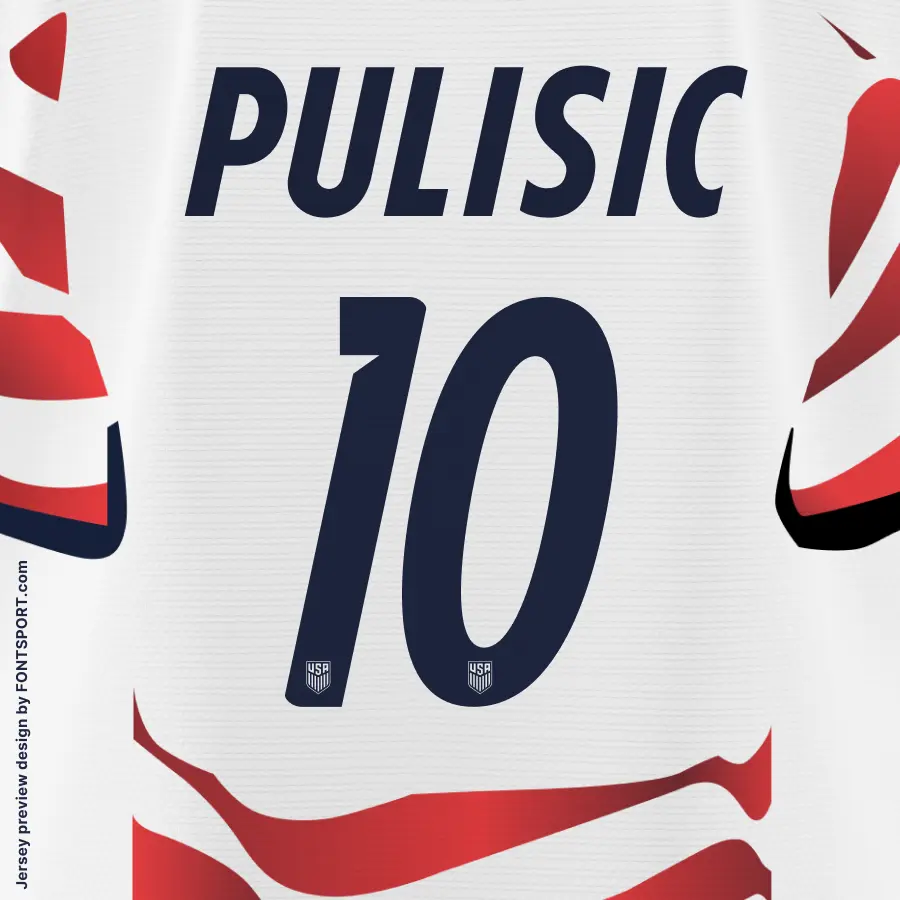 PULISIC 10 jersey mockup using USA World Cup 2026 Home Font Kit on white fabric with navy numerals